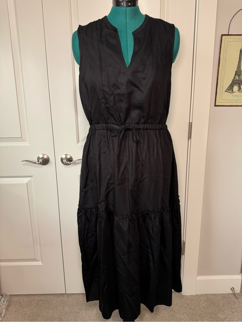 Lands' End Black Sleeveless Midi Dress with Drawstring Waist